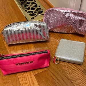 3 cosmetic bags Victoria's Secret Silver and Pink Glitter Bag Set and wallet